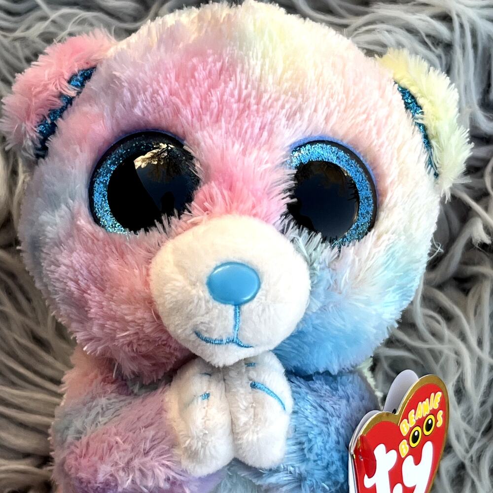 Ty Beanie Boo's Collection United Way Hope Pastel Tie-Dye Praying Bear 6" TySilk